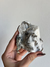 Load image into Gallery viewer, Feathered Silver after Dyscrasite on Calcite
