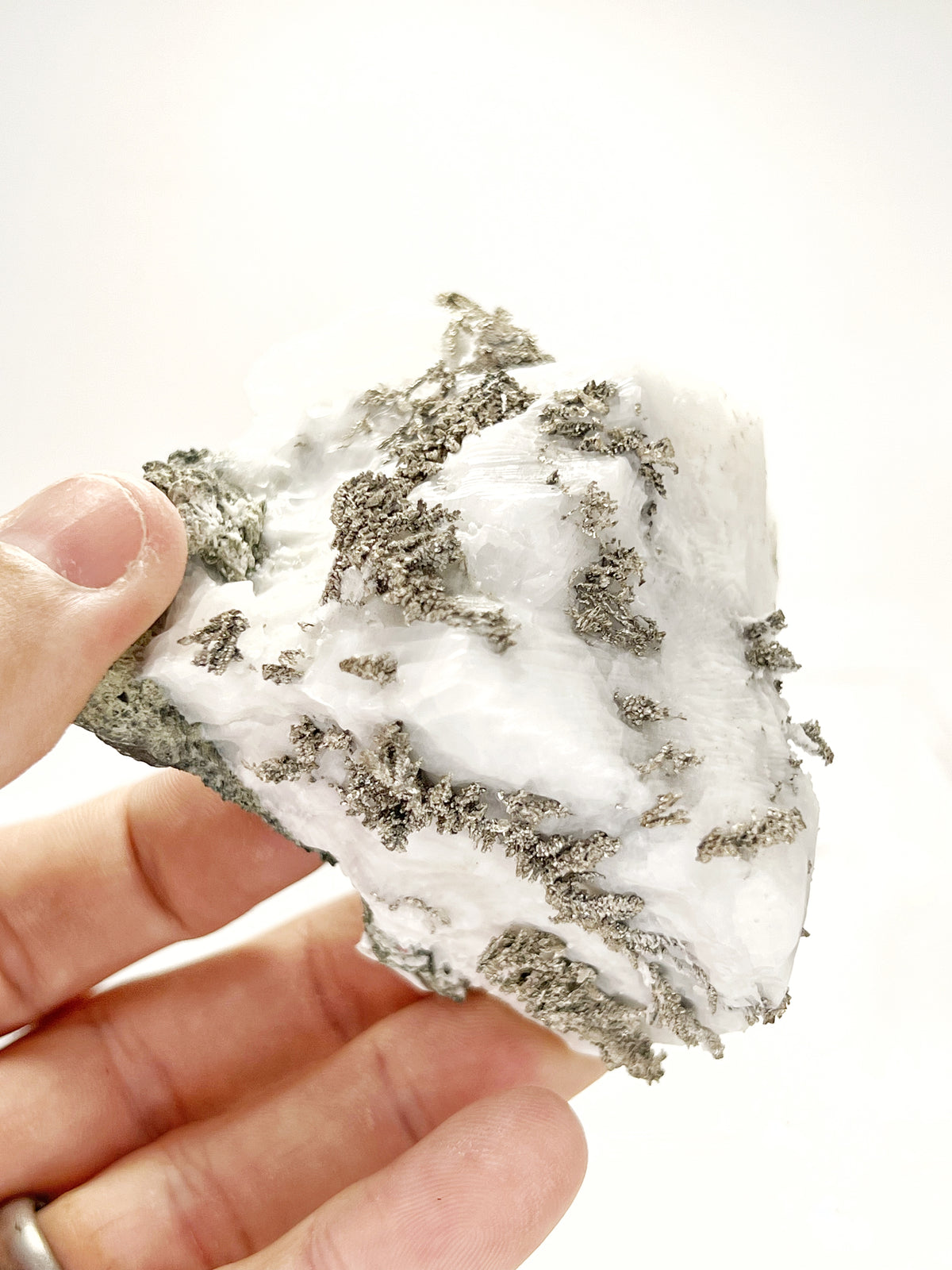 Feathered Silver after Dyscrasite on Calcite